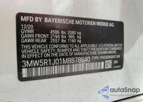 2021 BMW 330I from USA, damaged, VIN 3MW5R1J01M8B78640